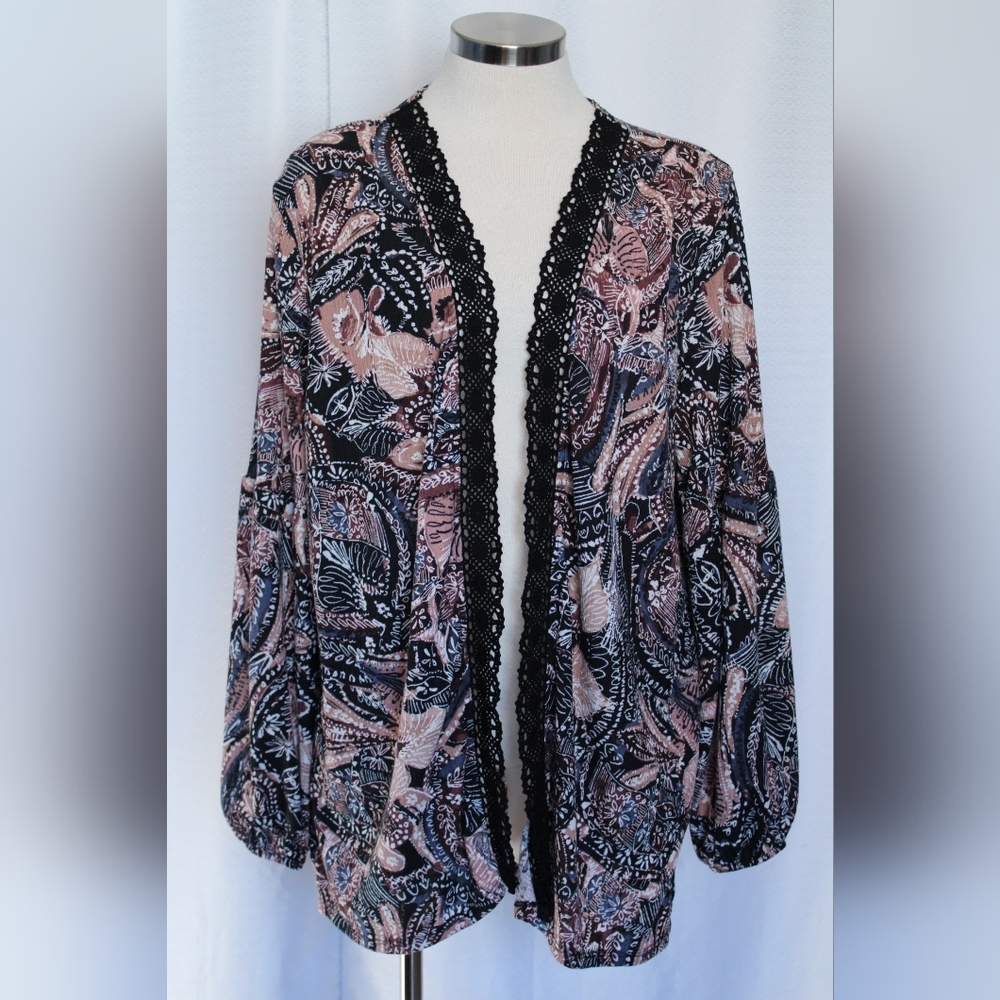 Maurices XL Black Burgundy Lace Trim Open Cardigan Cover Up NWT